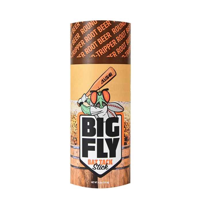 The All Star Big Fly Bat Tack Stick (BFST1) has root beer-themed packaging with "RIPPER ROOT BEER" text and a cartoon fly holding a bat, highlighting its All-Star bat grip performance.