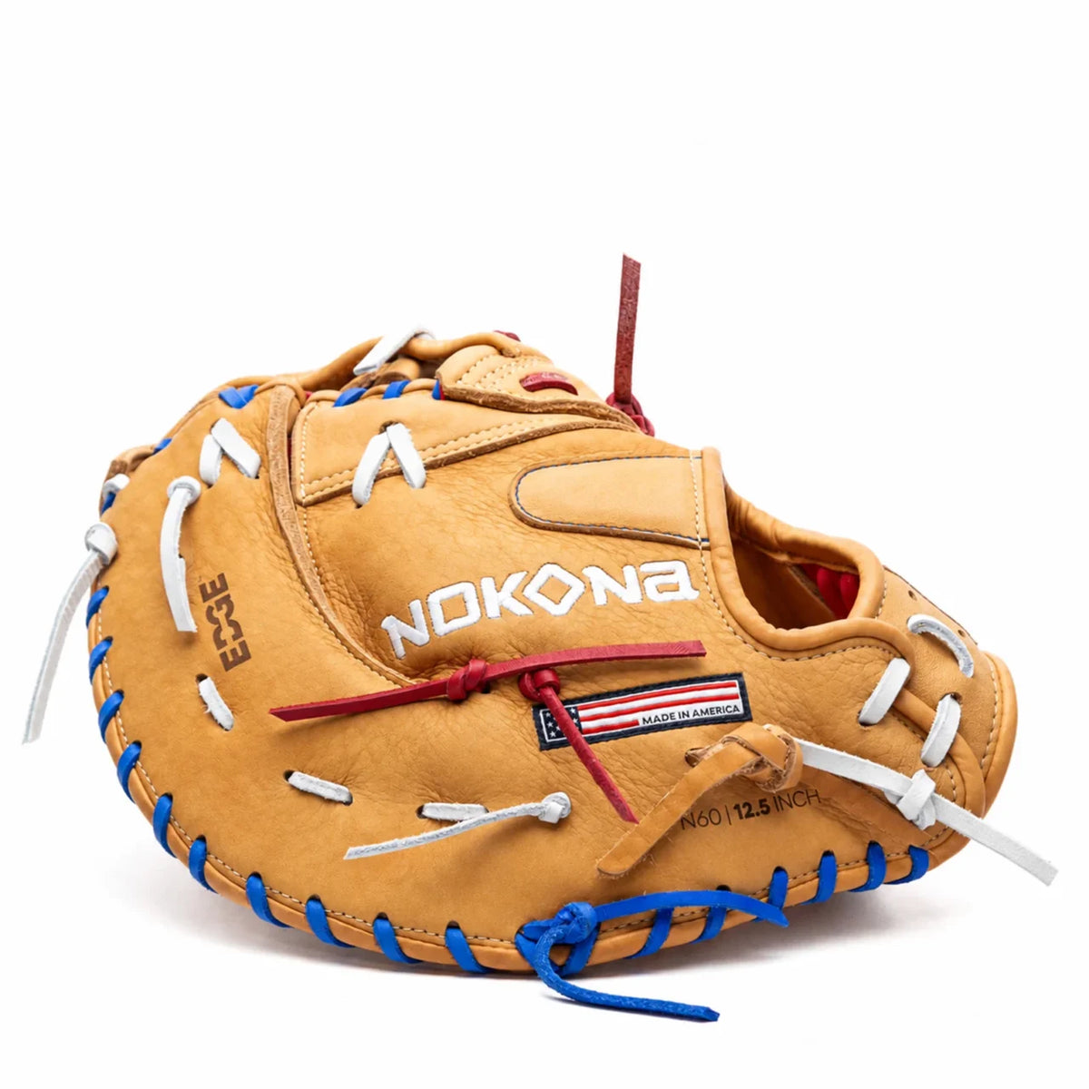 Nokona S1 All-American 12.5″ Baseball First Base Mitt: S1-EPN60POP in tan leather with white and blue lacing, featuring an American flag patch and the text Nokona.