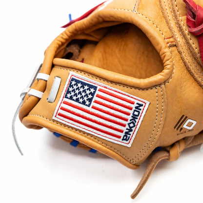 Tan leather Nokona S1 All-American 12.5″ Baseball First Base Mitt: S1-EPN60POP featuring an embroidered American flag patch on the wrist strap.