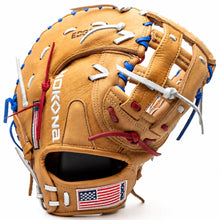 Nokona S1 All-American 12.5″ Baseball First Base Mitt: S1-EPN60POP in tan with blue, white, and red lacing and an American flag patch on the wrist strap.