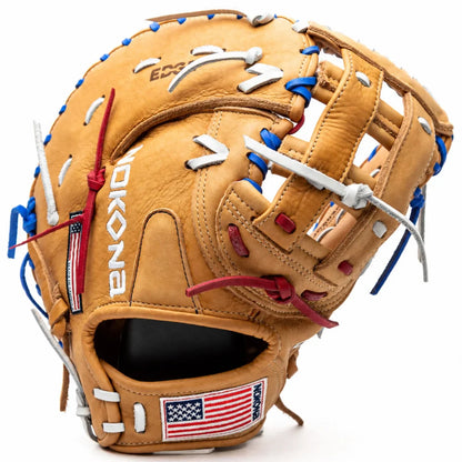 Nokona S1 All-American 12.5″ Baseball First Base Mitt: S1-EPN60POP in tan with blue, white, and red lacing and an American flag patch on the wrist strap.