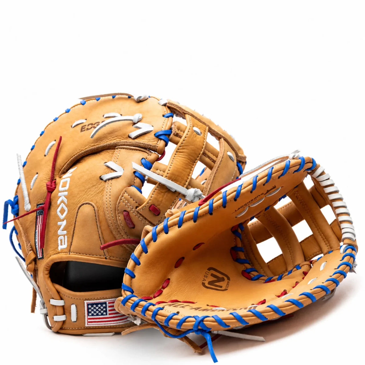 Nokona S1 All-American 12.5″ Baseball First Base Mitt: S1-EPN60POP in tan leather with red, white, and blue lacing and two small American flag patches.