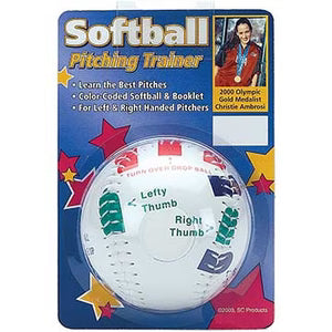Markwort Christie Ambrosi’s 11″ Softball Pitching Trainer SPT1050 in retail packaging, featuring a white ball with finger placement markings, instructions for left and right-handed pitchers, and an instructional booklet.