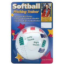Markwort Christie Ambrosi’s 11″ Softball Pitching Trainer SPT1050 in retail packaging, featuring a white ball with finger placement markings, instructions for left and right-handed pitchers, and an instructional booklet.