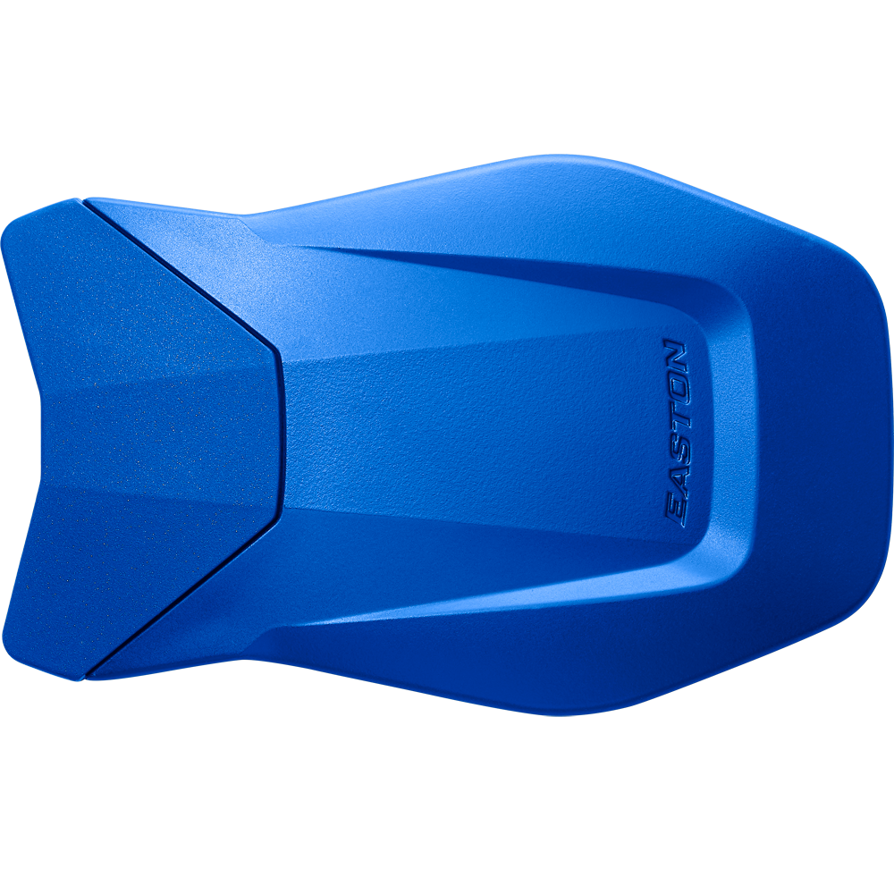 The Easton Multi-Adjust Jaw Guard: MULTIADJG is a blue plastic jaw guard with a sleek, angular design and the Easton name embossed on its smooth surface.