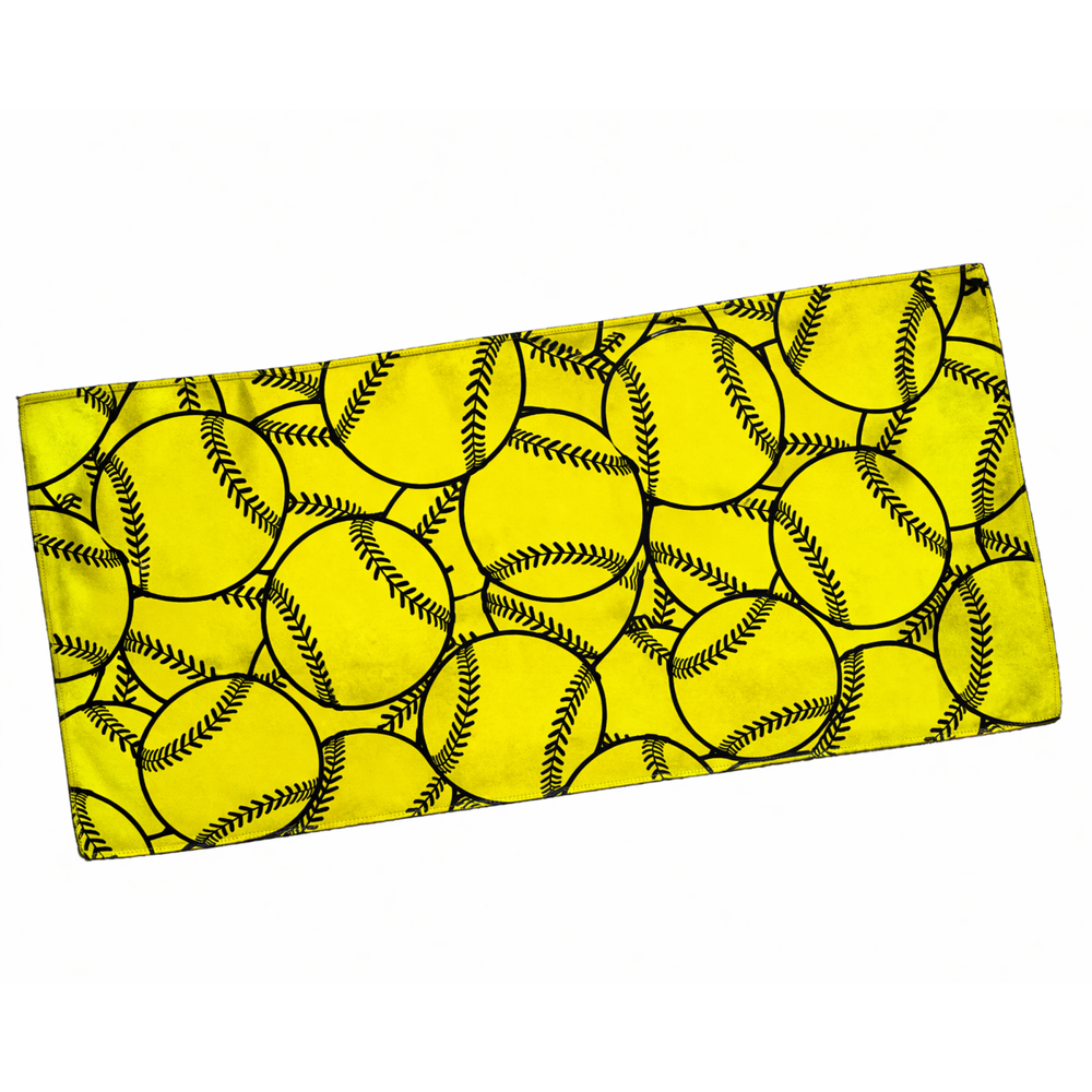 The Diamond Sport Gear DSG Sublimated Cooling Towel is a rectangular workout towel featuring a dye sublimated pattern of overlapping yellow softballs with black stitching on a white background.