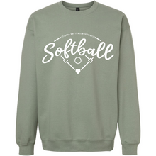 The NSA Vintage Softball Crewneck Sweatshirt by DSG Apparel features a sage green softstyle fleece and ringspun cotton blend, with "Softball" in white script above a softball field and bats graphic, plus National Softball Association text.