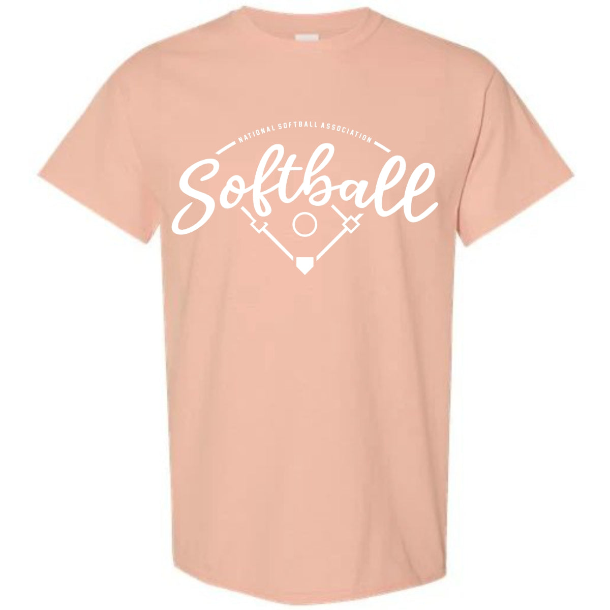 The NSA Vintage Short Sleeve Shirt by DSG Apparel features pink fabric and bold white text—an ideal pick for National Softball Association fans.