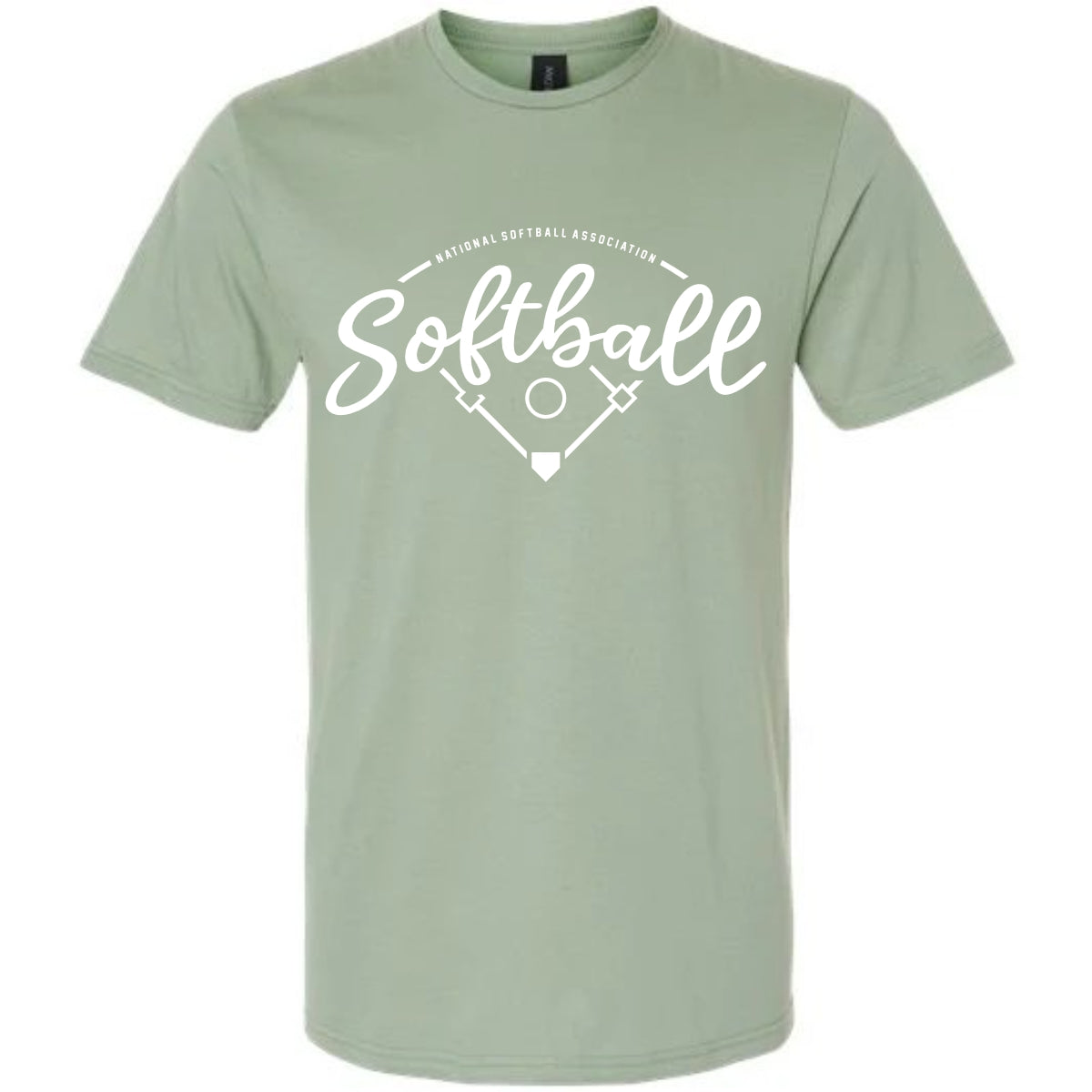 The NSA Vintage Short Sleeve Shirt by DSG Apparel features light green fabric, "Softball" in bold white script, and a softball field graphic with bases and crossed bats—a must-have tee for National Softball Association fans.