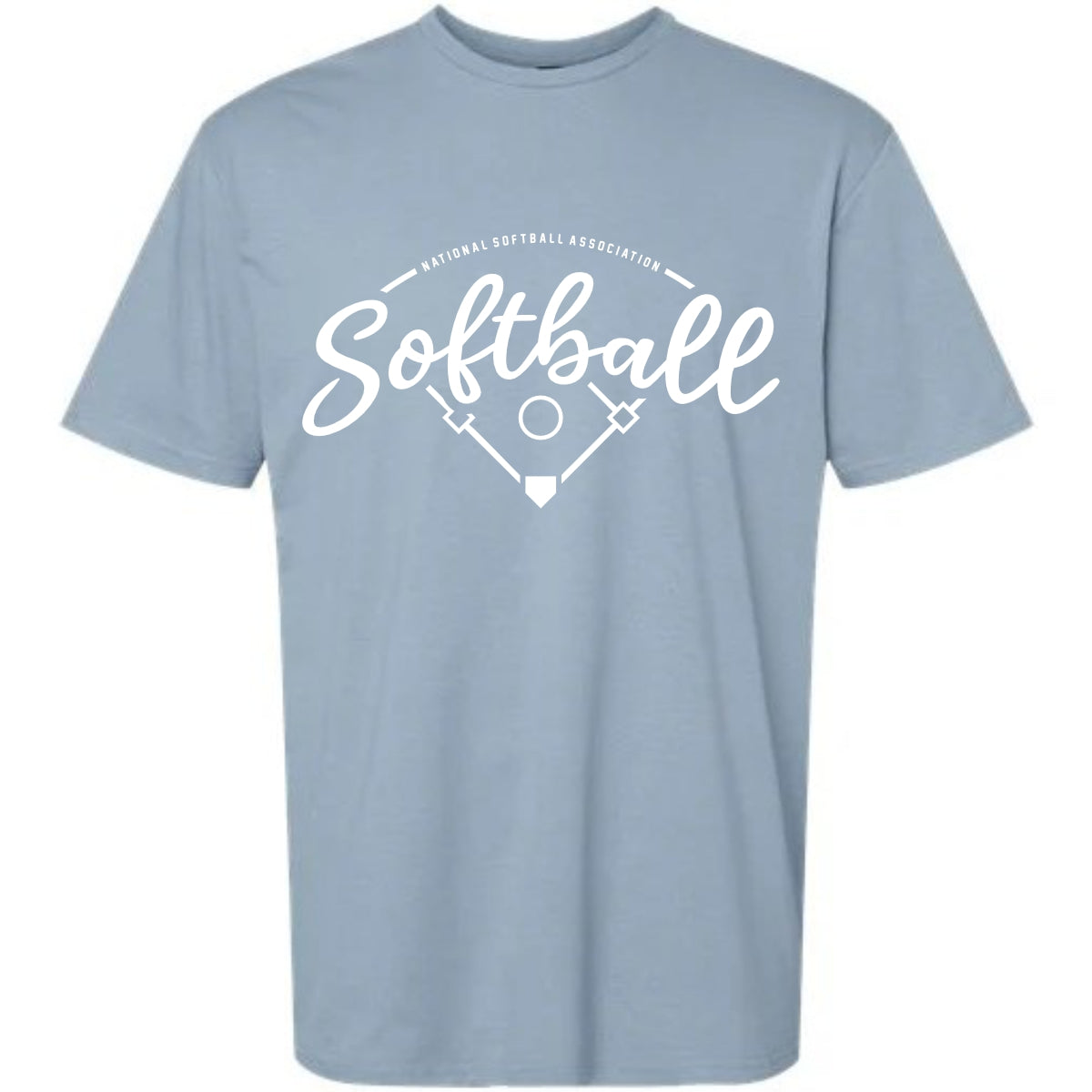 The DSG Apparel NSA Vintage Short Sleeve Shirt features "Softball" in bold white script, National Softball Association above, plus a white diamond, bats, and ball—a perfect light blue short-sleeve shirt for softball fans.