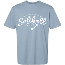The DSG Apparel NSA Vintage Short Sleeve Shirt features "Softball" in bold white script, National Softball Association above, plus a white diamond, bats, and ball—a perfect light blue short-sleeve shirt for softball fans.