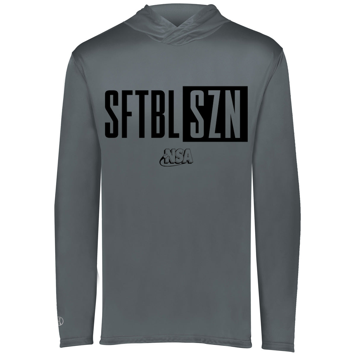 The NSA Softball Season Momentum Lightweight Hoodie by DSG Apparel is a gray long-sleeve shirt with bold black "SFTBL SZN" text, the "SZN" in a box, and an NSA logo—ideal for National Softball Association fans.