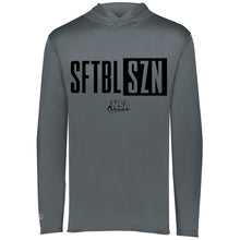 The NSA Softball Season Momentum Lightweight Hoodie by DSG Apparel is a gray long-sleeve shirt with bold black "SFTBL SZN" text, the "SZN" in a box, and an NSA logo—ideal for National Softball Association fans.