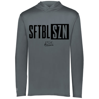 The NSA Softball Season Momentum Lightweight Hoodie by DSG Apparel is a gray long-sleeve shirt with bold black "SFTBL SZN" text, the "SZN" in a box, and an NSA logo—ideal for National Softball Association fans.