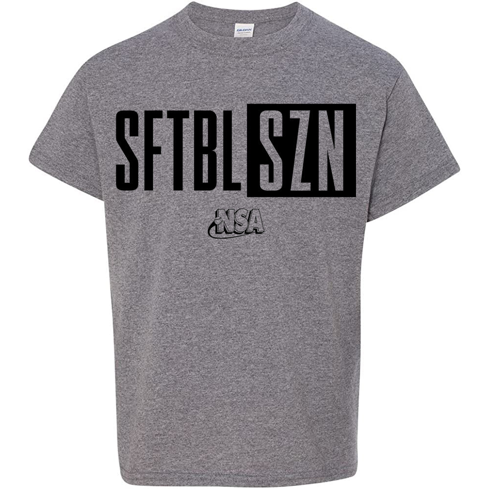 The DSG Apparel NSA Softball Season Short Sleeve Shirt is gray with "SFTBL SZN" in bold black letters and smaller National Softball Association (NSA) text beneath in a stylized font.