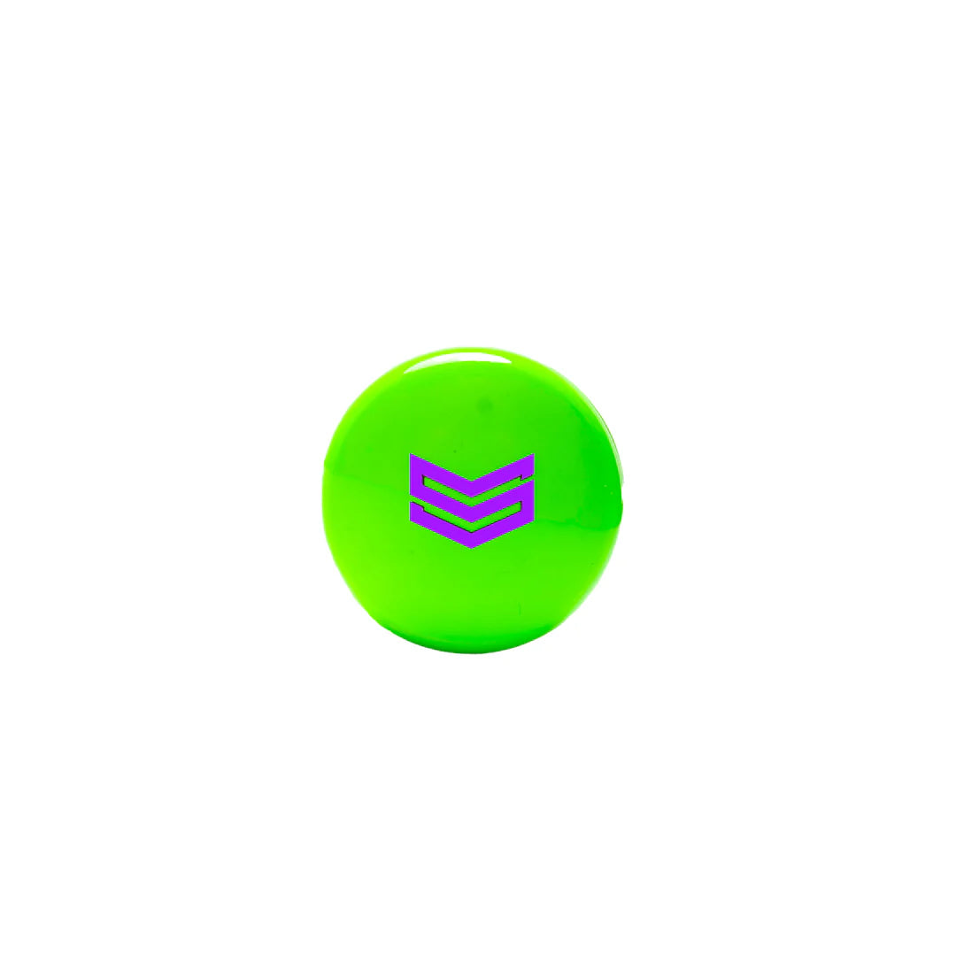 A bright green ball with a purple chevron logo appears on a white background, inspired by the modern Soldier Sports 2026 Soldier Tank Double Wall (-8) USSSA Baseball Bat’s design and double wall technology.