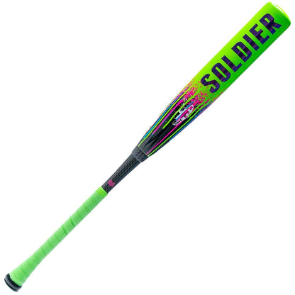 The 2026 Soldier Tank Double Wall (-8) 2 3/4" USSSA Baseball Bat by Soldier Sports features a neon green design, black grip tape, bold SOLDIER lettering, pink and black barrel graphics, and a durable composite barrel for top performance.