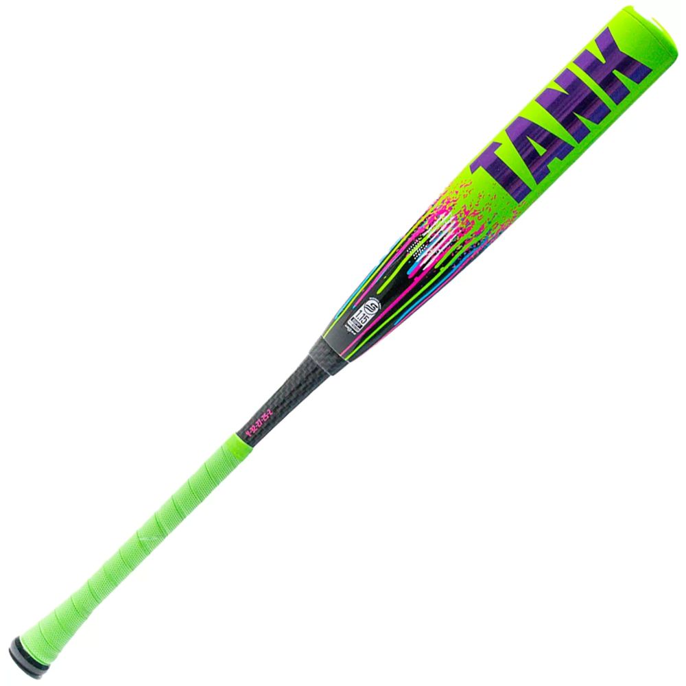 The 2026 Soldier Tank Double Wall (-8) 2 3/4" USSSA Baseball Bat by Soldier Sports features a neon green barrel with bold purple TANK lettering, black, pink, and purple accents, plus a matching green grip.