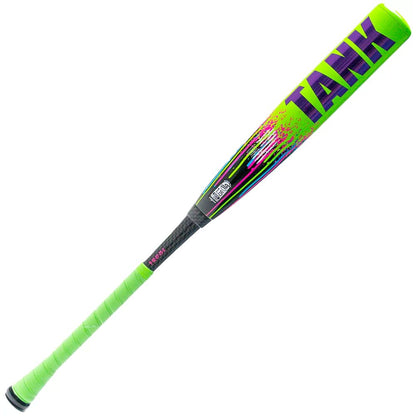 The 2026 Soldier Tank Double Wall (-8) 2 3/4" USSSA Baseball Bat by Soldier Sports features a neon green barrel with bold purple TANK lettering, black, pink, and purple accents, plus a matching green grip.