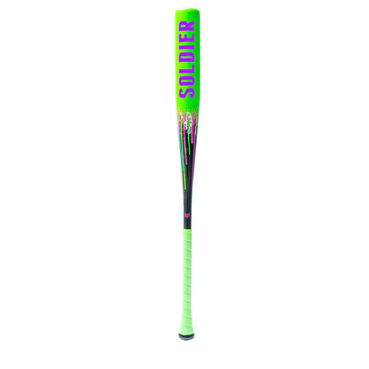 The Soldier Sports 2026 Soldier Tank2 (-3) BBCOR Baseball Bat: BB-1-26 features power alloy technology for a light swing weight and comes in a green and black design.