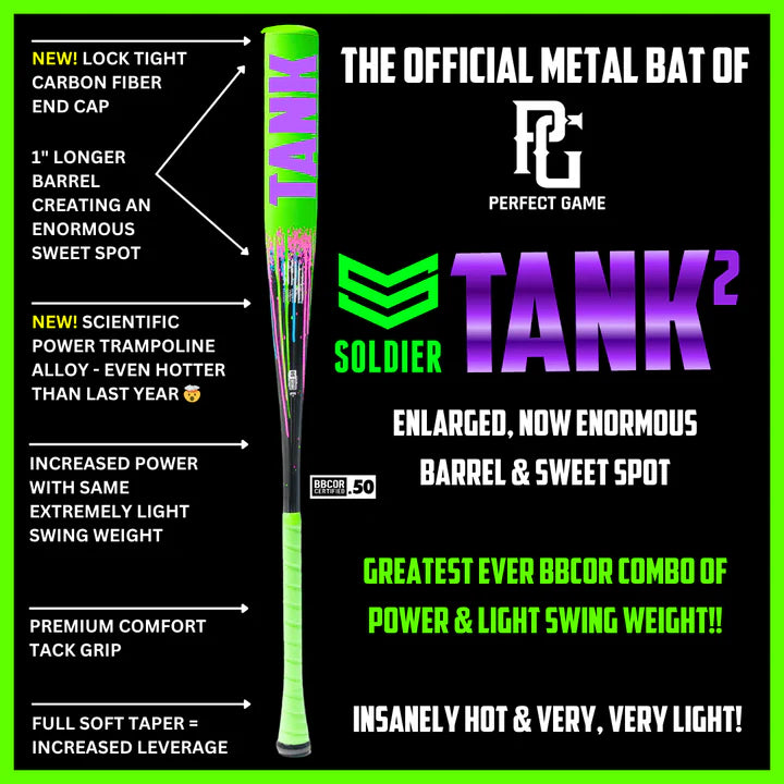 Promotional image for the Soldier Sports 2026 Soldier Tank2 (-3) BBCOR Baseball Bat: BB-1-26, showing a green and black bat with benefits like enlarged barrel, light swing weight, increased power, premium grip, and advanced alloy.