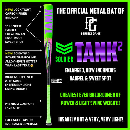 Promotional image for the Soldier Sports 2026 Soldier Tank2 (-3) BBCOR Baseball Bat: BB-1-26, showing a green and black bat with benefits like enlarged barrel, light swing weight, increased power, premium grip, and advanced alloy.