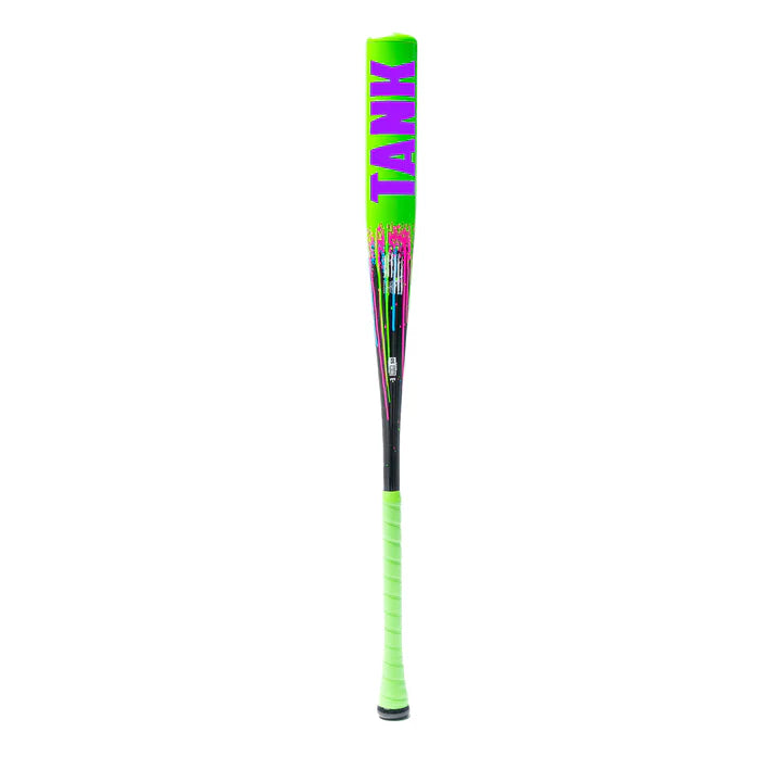 The 2026 Soldier Tank2 (-3) BBCOR Baseball Bat by Soldier Sports features neon green color, TANK in bold purple letters, matching green handle tape, and black/pink accents with power alloy tech for standout style and performance.