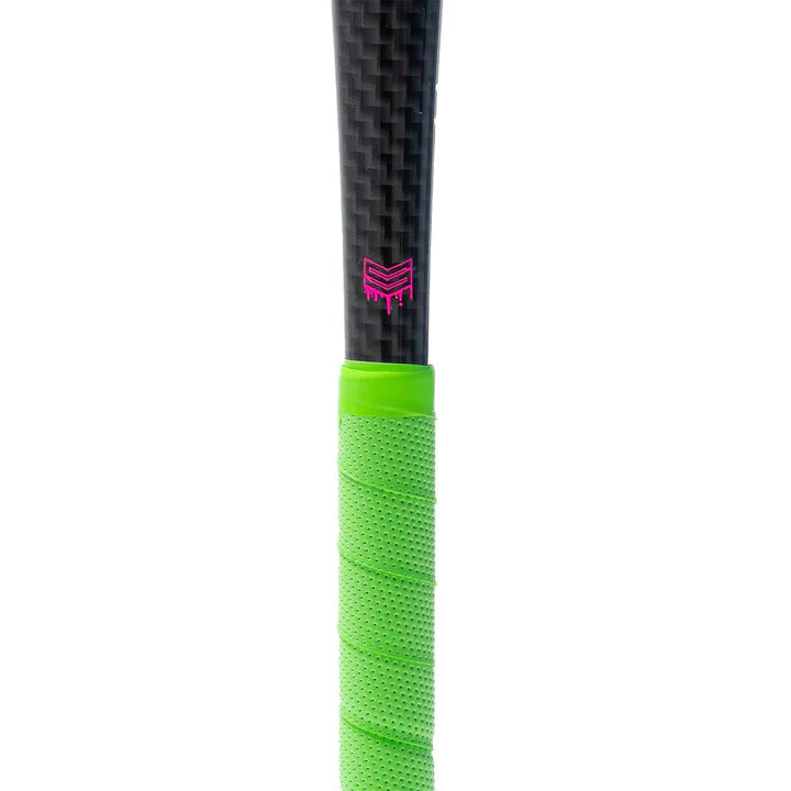 Close-up of the black carbon fiber handle of the 2026 Soldier Tank2 (-3) BBCOR Baseball Bat by Soldier Sports, featuring a pink logo above a neon green textured grip—engineered for light swing weight and enhanced control.
