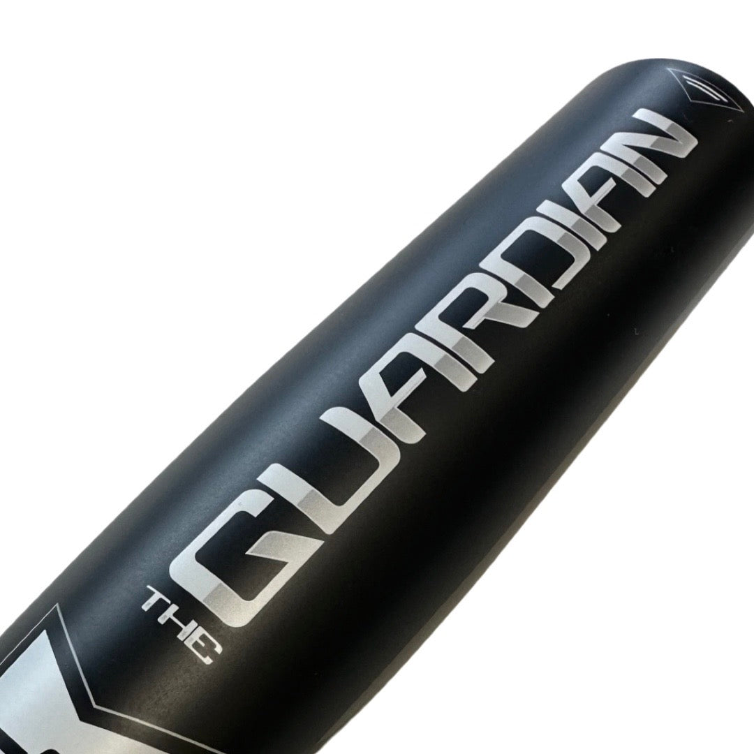 Close-up of the 2022 Stinger Guardian (-3) BBCOR Baseball Bat by Stinger Sports, displaying GUARDIAN and THE in bold silver on its barrel, and featuring Power Balanced Barrel Technology for a balanced swing.
