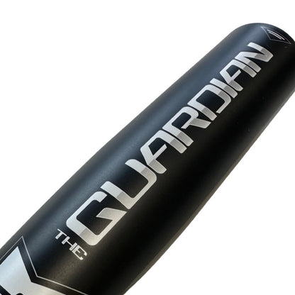 Close-up of the 2022 Stinger Guardian (-3) BBCOR Baseball Bat by Stinger Sports, displaying GUARDIAN and THE in bold silver on its barrel, and featuring Power Balanced Barrel Technology for a balanced swing.