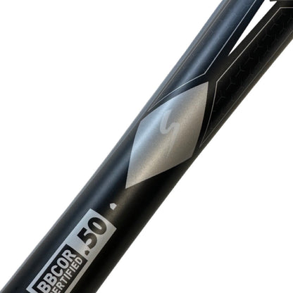 Close-up of the 2022 Stinger Guardian (-3) BBCOR Baseball Bat by Stinger Sports, featuring a balanced swing weight, .50 BBCOR label, and a silver geometric barrel design.