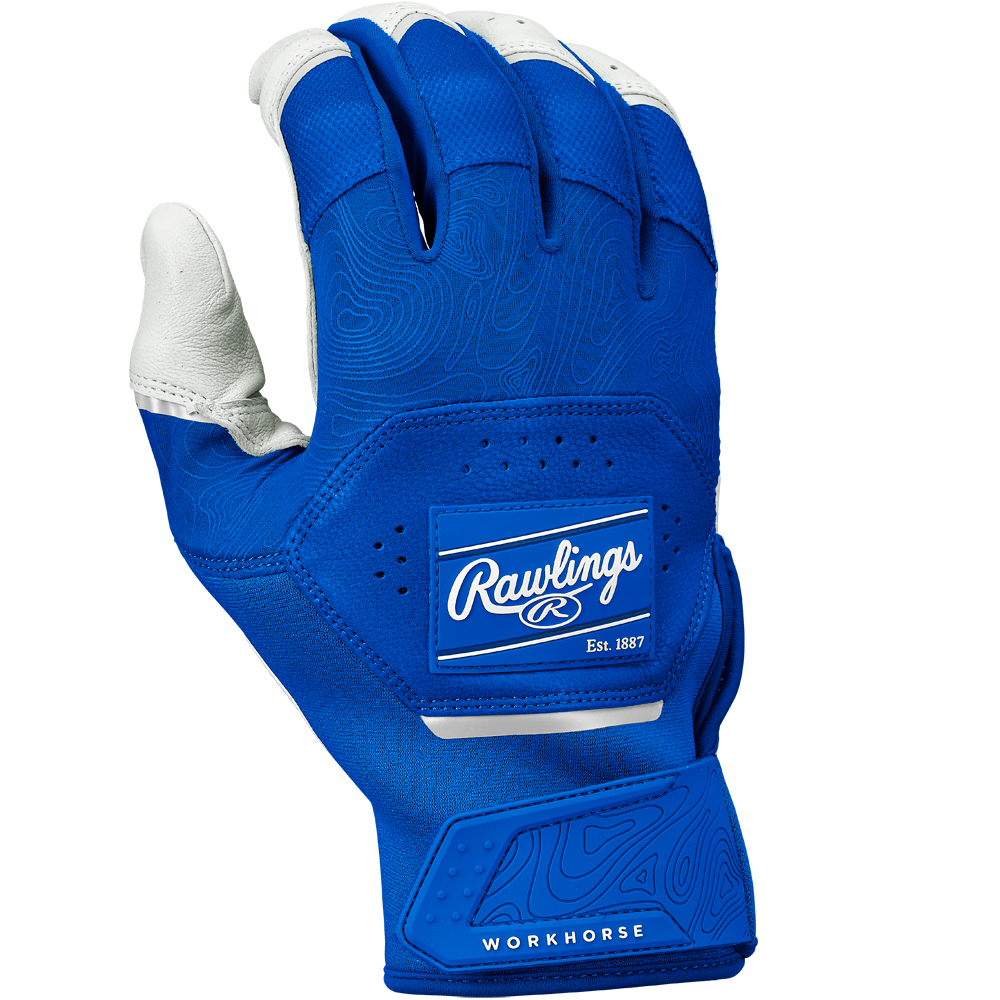 A blue and white Rawlings Workhorse Adult Batting Glove (WH25BG) with Oitac leather for enhanced grip, "Rawlings Est. 1887" on the back, and "Workhorse" on the wrist strap, palm facing away.
