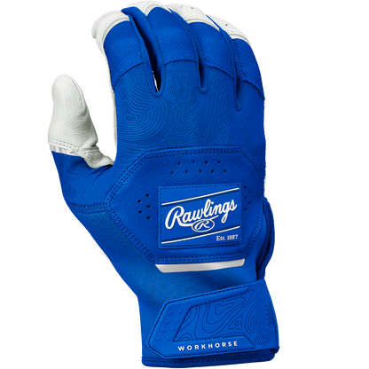 A blue and white Rawlings Workhorse Adult Batting Glove (WH25BG) with Oitac leather for enhanced grip, "Rawlings Est. 1887" on the back, and "Workhorse" on the wrist strap, palm facing away.