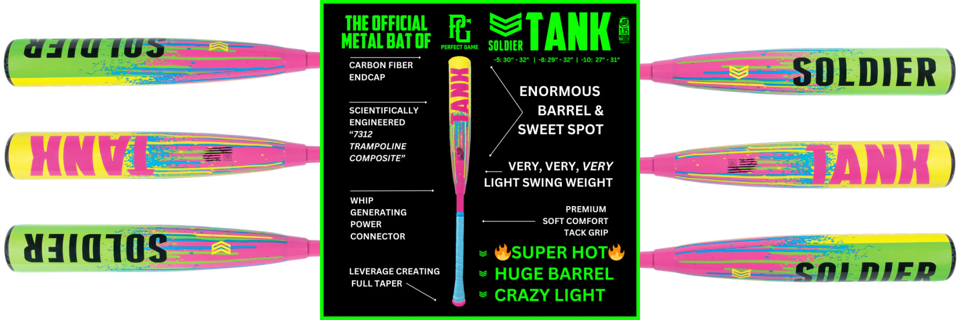 A promotional image for the Soldier Tank metal bat features six colorful bats and a central section listing features like enormous barrel, super hot, huge barrel, crazy light, and carbon fiber end cap.