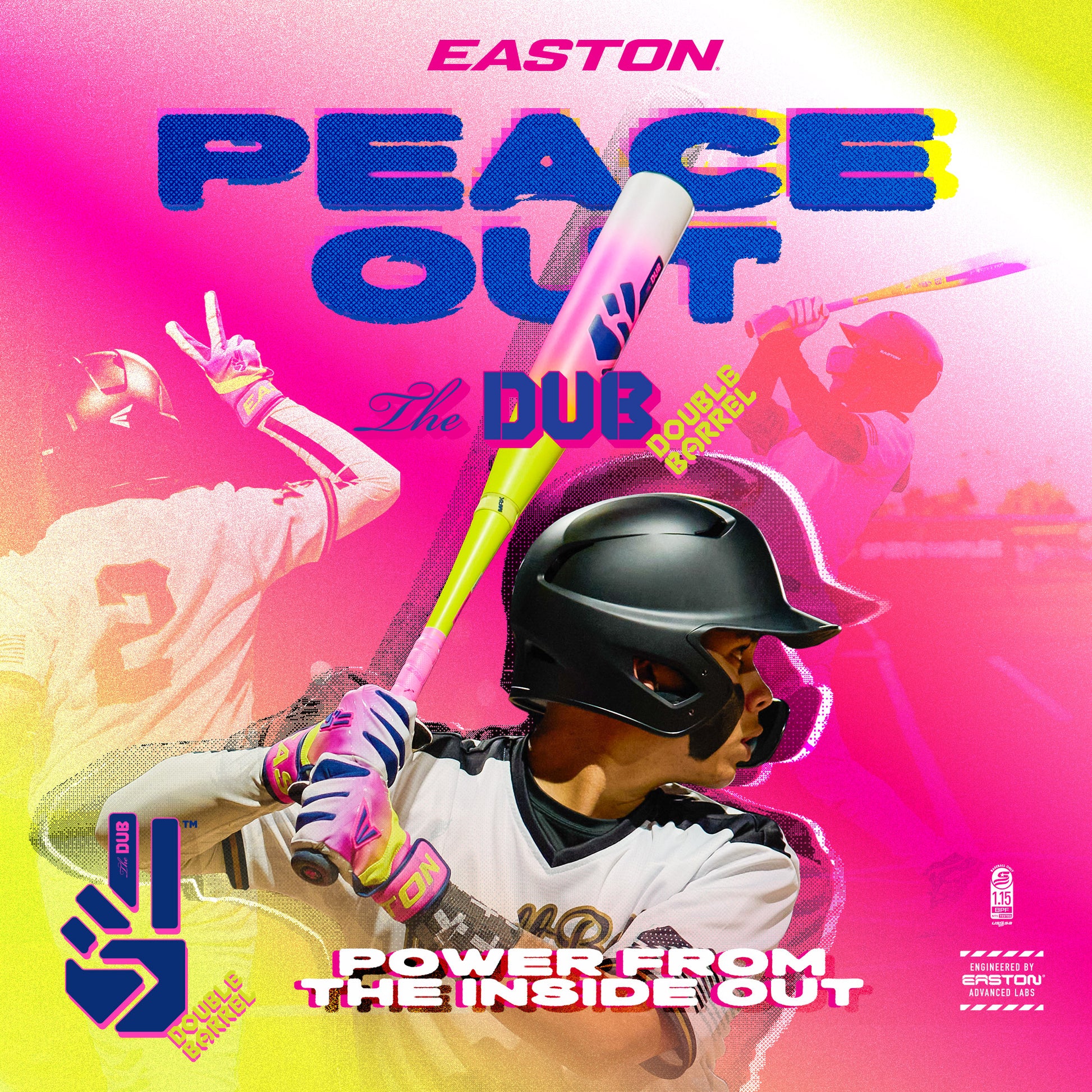 A baseball player in a helmet swings the 2026 Easton Dub (-10) 2 3/4" USSSA Baseball Bat (EUT6DUB10), featuring two-piece composite construction. The vibrant image displays: EASTON PEACE OUT, THE DUB, DOUBLE DOUBLE SERIES, and POWER FROM THE INSIDE OUT.