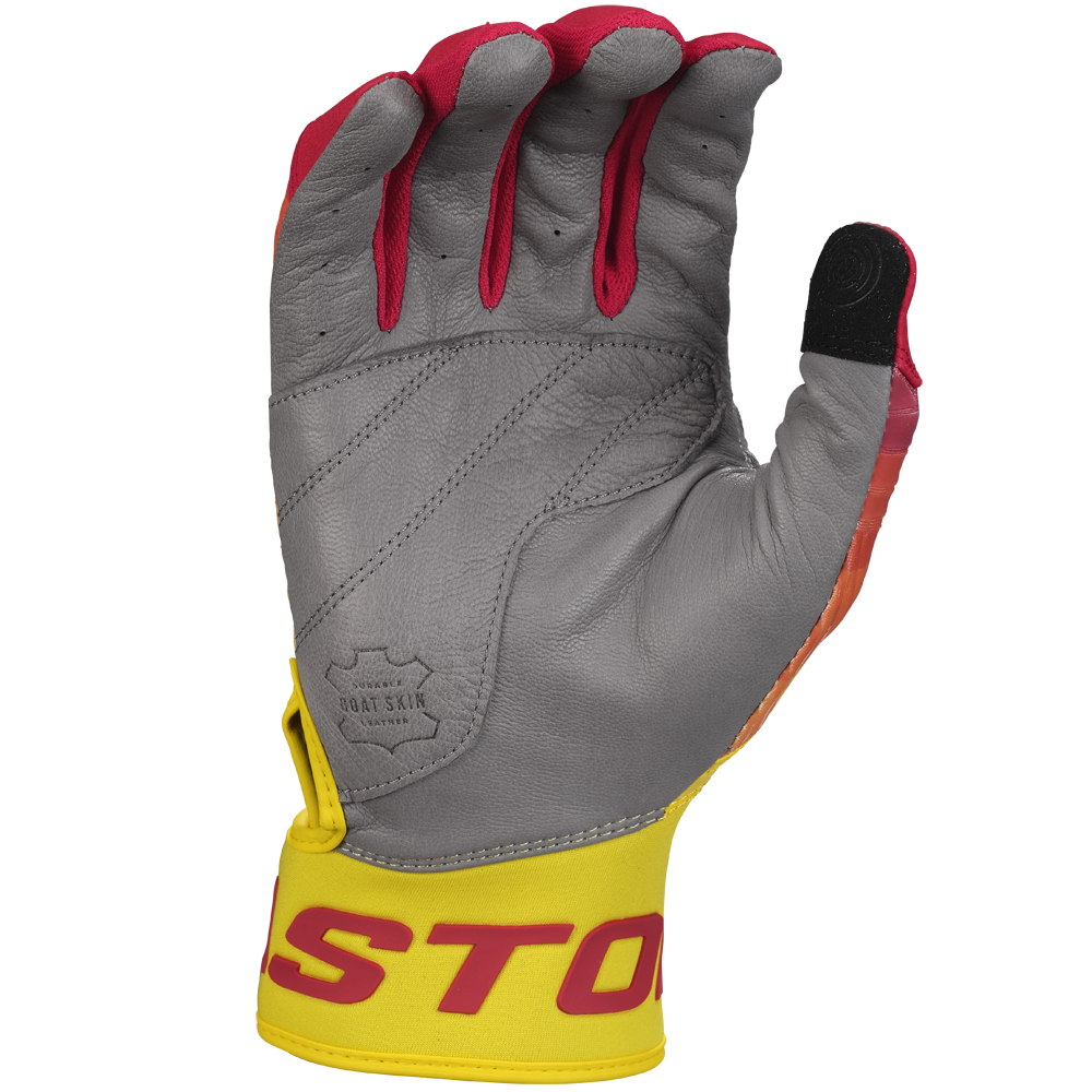 Shown palm-up against a plain background, the Easton Walk Off Ethos Youth Batting Glove (WO25YBG) features gray leather, red finger accents, a black thumb patch, and a yellow wrist strap with red text—echoing the durability of pro athlete batting gloves.