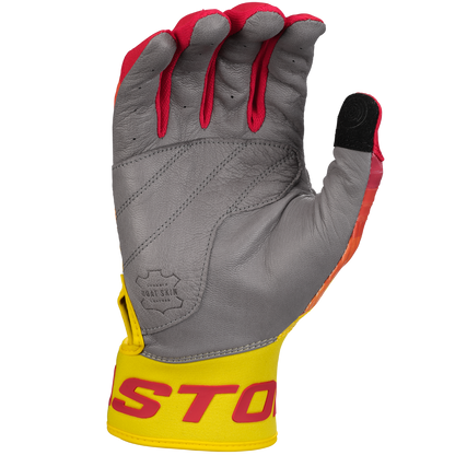 Shown palm-up against a plain background, the Easton Walk Off Ethos Youth Batting Glove (WO25YBG) features gray leather, red finger accents, a black thumb patch, and a yellow wrist strap with red text—echoing the durability of pro athlete batting gloves.