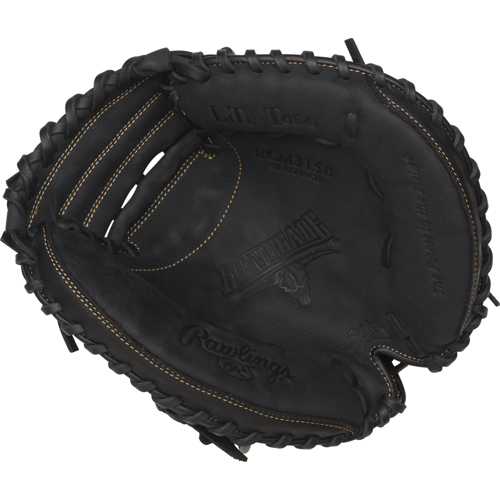 The Rawlings Renegade 31.5" Baseball Catcher's Mitt (RCM315B) is a black youth mitt with tan stitching, embossed palm logos, and a partially open web for a game-ready feel.
