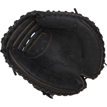 The Rawlings Renegade 31.5" Baseball Catcher's Mitt (RCM315B) is a black youth mitt with tan stitching, embossed palm logos, and a partially open web for a game-ready feel.