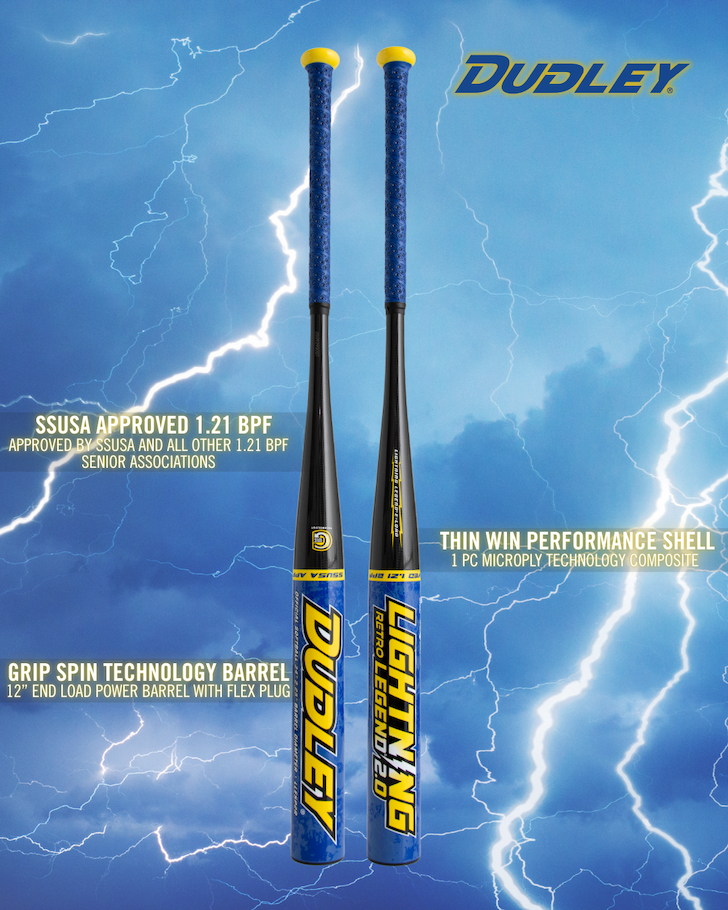 Two Dudley 2026 Lightning Legend Retro 2.0 12" Endload SSUSA Senior Slowpitch Softball Bats (LLESP2R) stand upright with a blue lightning background, featuring SSUSA approval, grip spin tech, thin shell, and end load design.