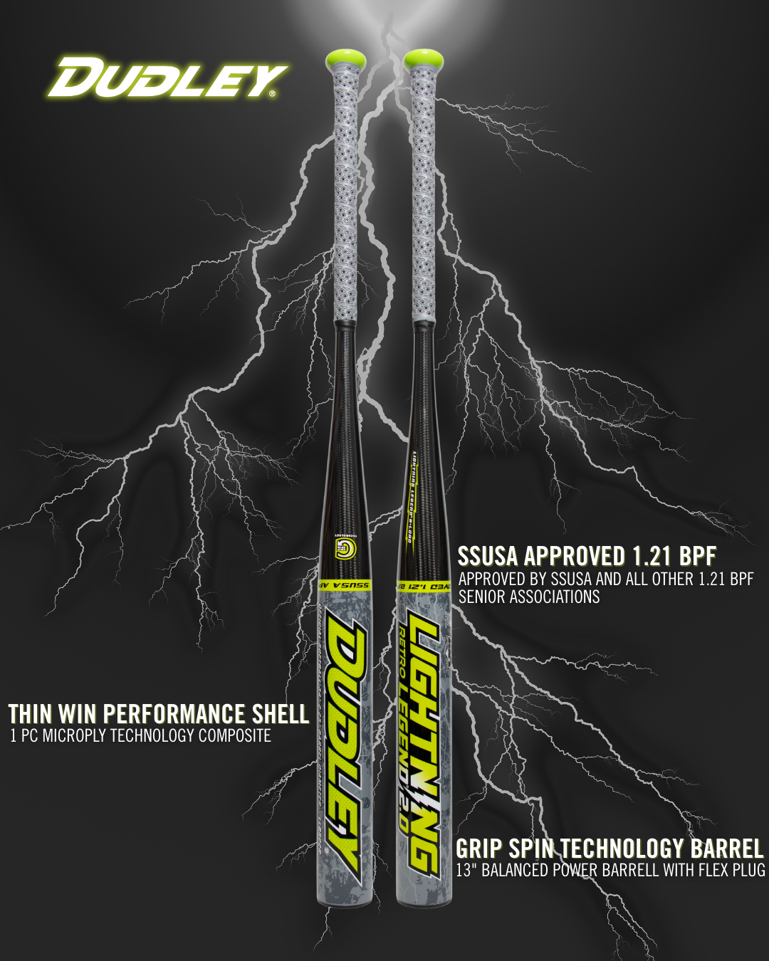 Two Dudley Lightning Legend Retro 2.0 13" Balanced SSUSA Senior Slowpitch Softball Bats (LLBSP2R) with gray handles and yellow accents stand upright on a black background with lightning bolts, highlighting performance shell, SSUSA approval, and balanced design.