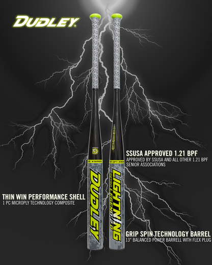 Two Dudley Lightning Legend Retro 2.0 13" Balanced SSUSA Senior Slowpitch Softball Bats (LLBSP2R) with gray handles and yellow accents stand upright on a black background with lightning bolts, highlighting performance shell, SSUSA approval, and balanced design.