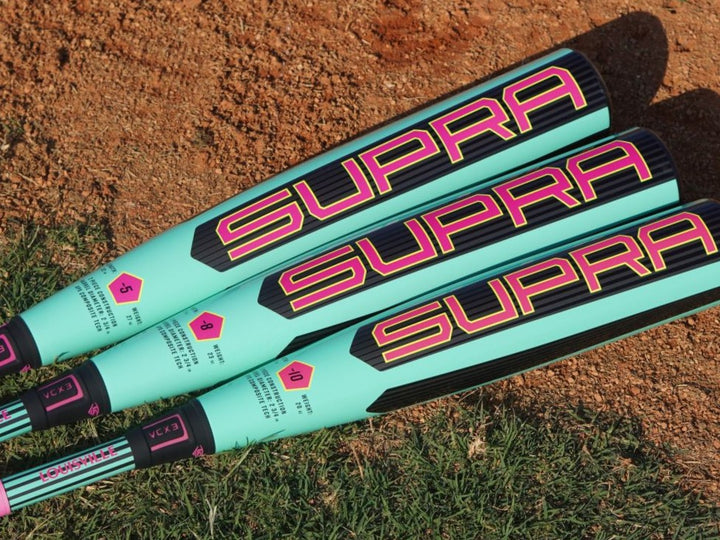 Three teal baseball bats with bold SUPRA branding in yellow and pink rest on a dirt and grass surface. The bats have black and pink accents near the handles.