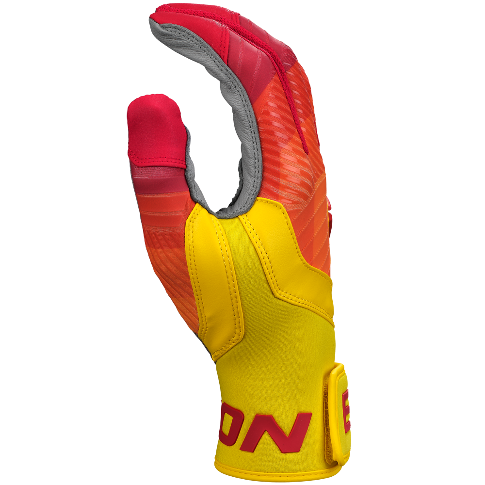 An Easton Walk Off Ethos Youth Batting Glove (WO25YBG) in yellow and red, with a textured gray palm, red fingertips, and "EON" in red on the yellow wrist strap, is shown against a plain white background. Brand: Easton.