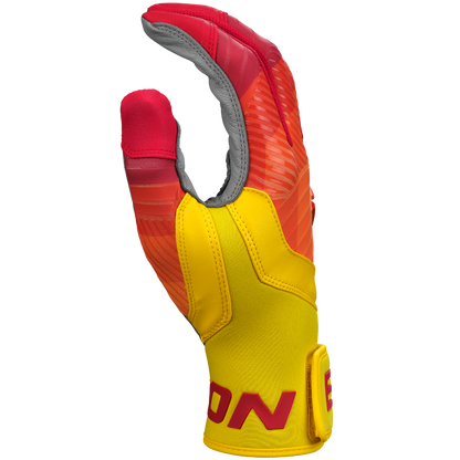 An Easton Walk Off Ethos Youth Batting Glove (WO25YBG) in yellow and red, with a textured gray palm, red fingertips, and "EON" in red on the yellow wrist strap, is shown against a plain white background. Brand: Easton.