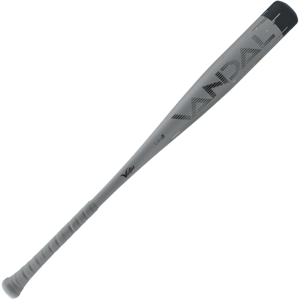 The 2024 Victus Vandal Lev3 (-3) BBCOR Baseball Bat: VCBV3 (USED) features a gray metal design, large "Victus" branding near the barrel, and a wrapped grip handle to boost your swing speed.