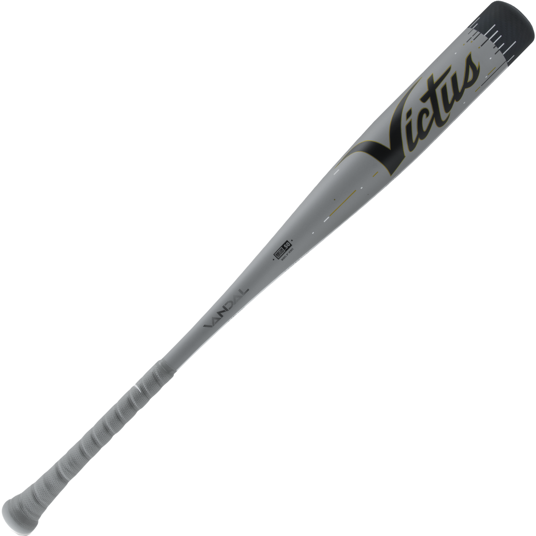 The 2024 Victus Vandal Lev3 (-3) BBCOR Baseball Bat (VCBV3, USED) by Victus features a grip-wrapped handle, gray finish with black and gold accents, and a barrel-end logo—engineered for improved swing speed.