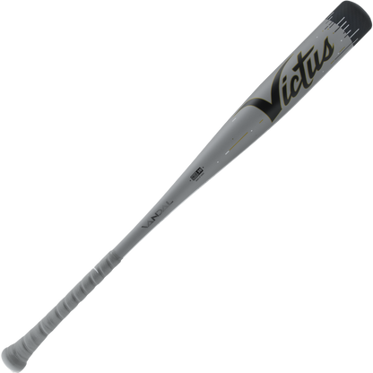 The 2024 Victus Vandal Lev3 (-3) BBCOR Baseball Bat (VCBV3, USED) by Victus features a grip-wrapped handle, gray finish with black and gold accents, and a barrel-end logo—engineered for improved swing speed.