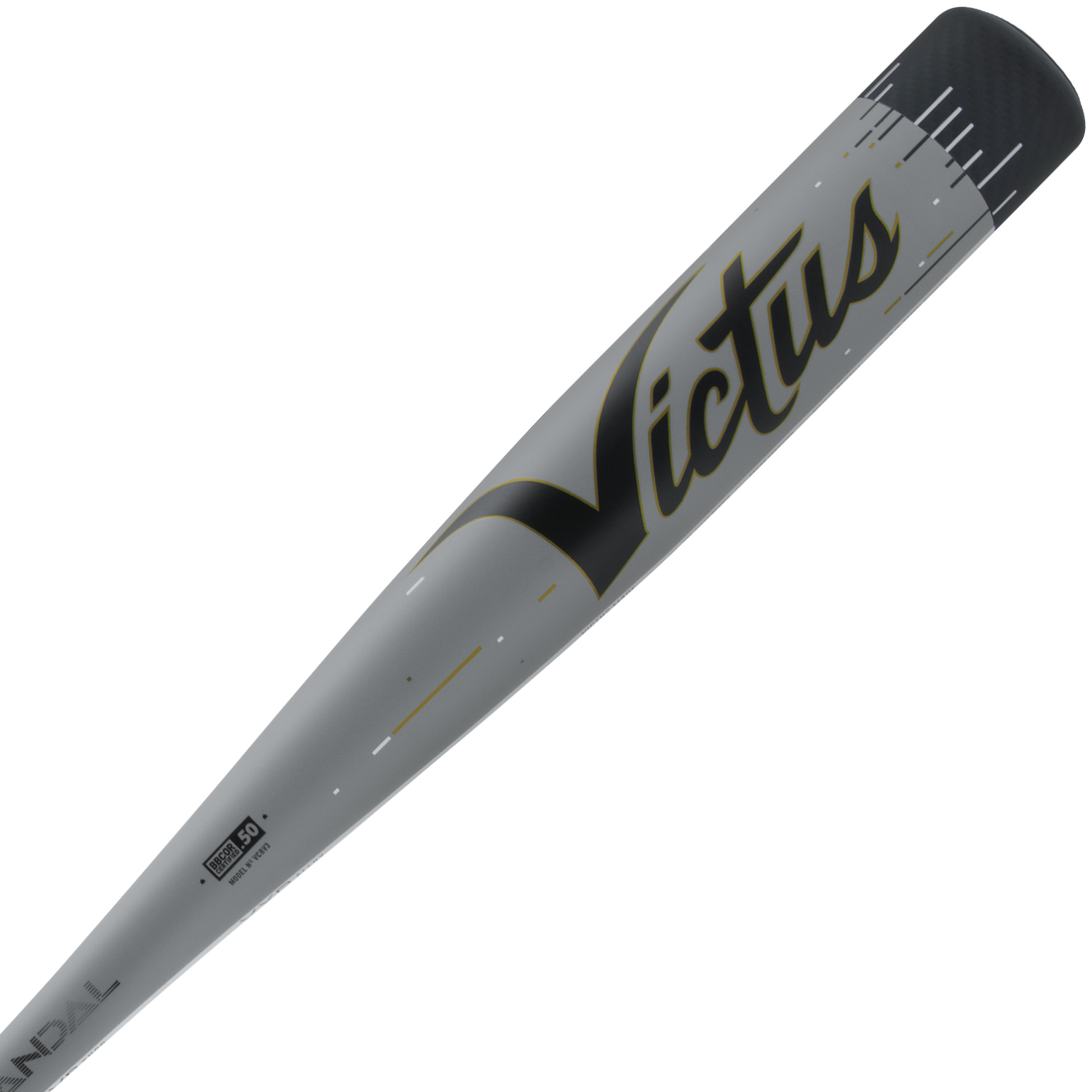 A close-up of a silver 2024 Victus Vandal Lev3 (-3) BBCOR Baseball Bat: VCBV3 (USED) with black and gold accents, showing the Victus brand name boldly on the barrel—ideal for boosting your swing speed.