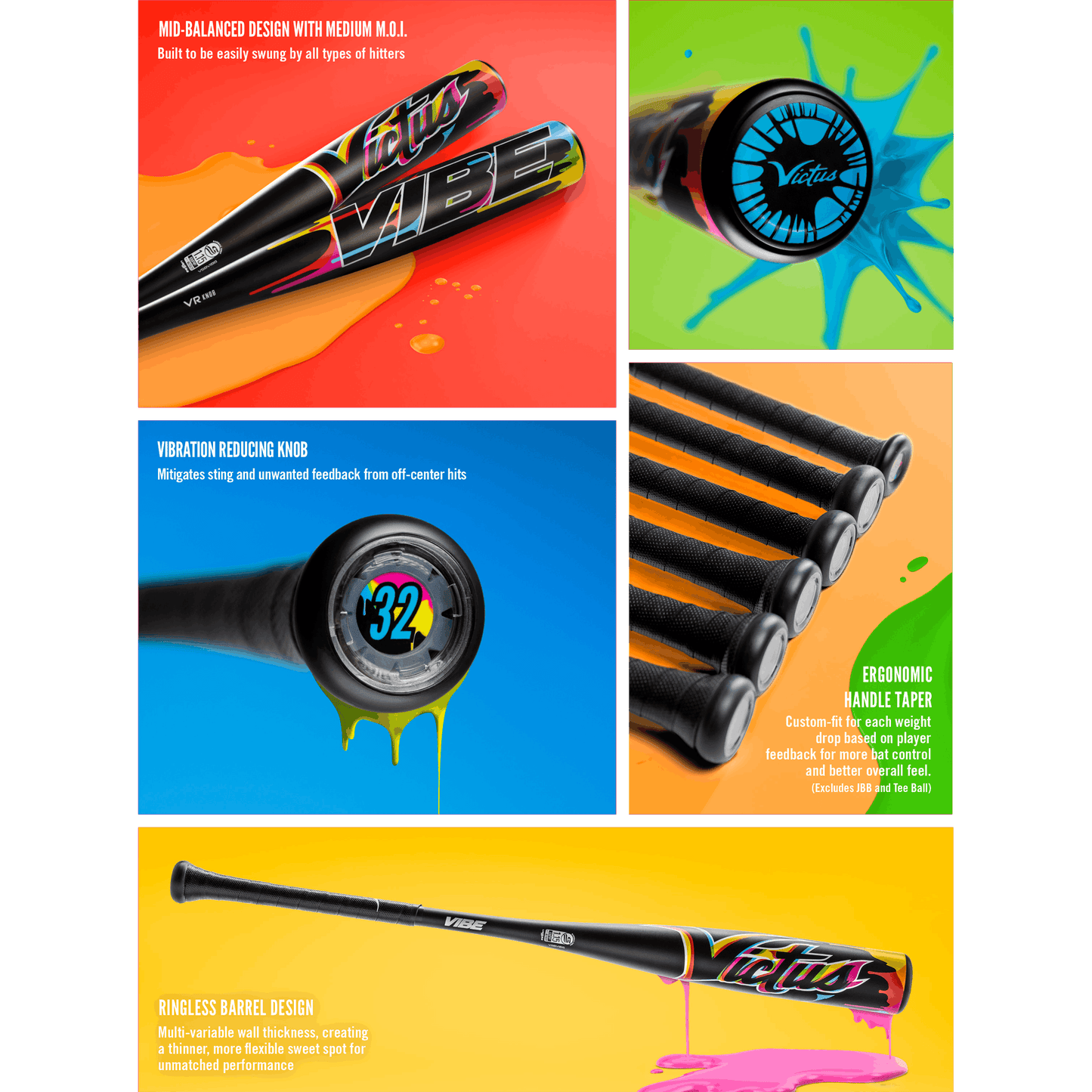 A vibrant collage displays the 2024 Victus Vibe (-10) USSSA Baseball Bat, highlighting its ergonomic handle, vibration-reducing knob, ringless barrel, and balance—accented by paint splashes and text on comfort and reduced vibration.